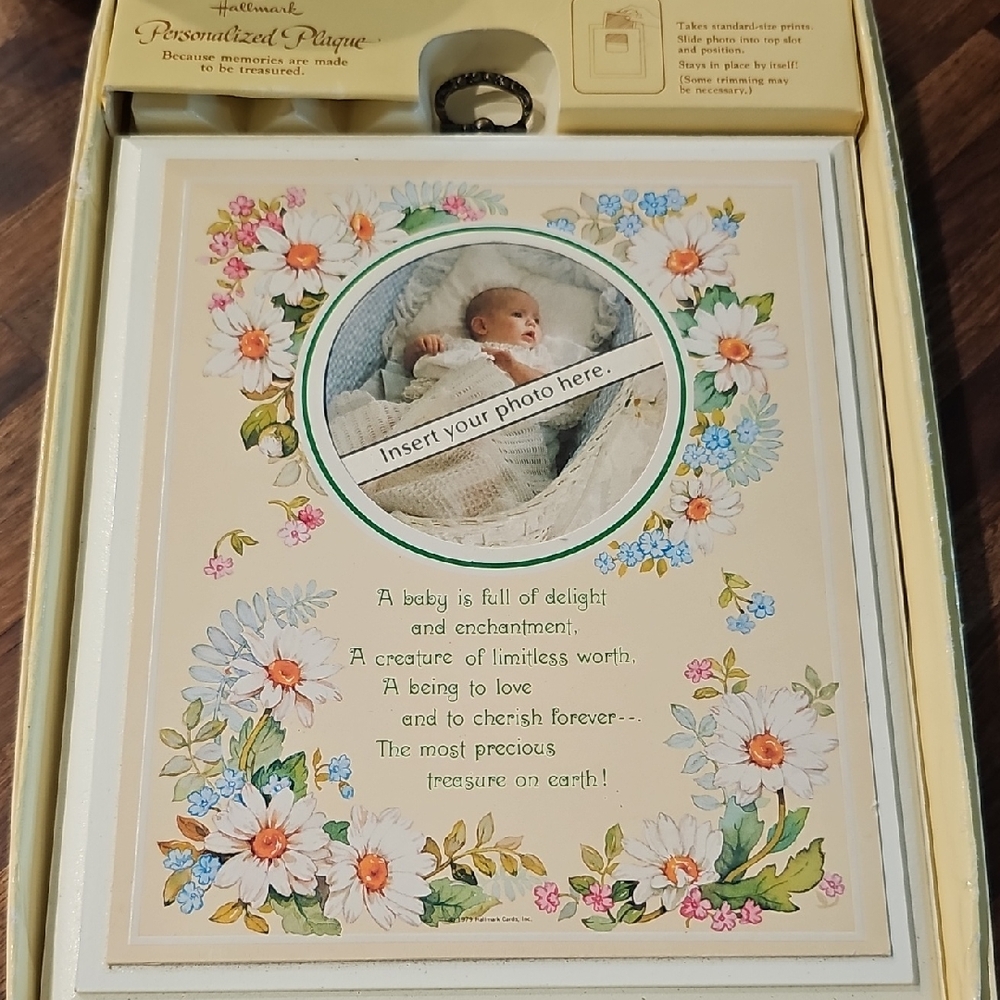 VINTAGE NEW Hallmark Floral Baby Photo Frame Boy Girl Wooden 1970s Plaque Decor